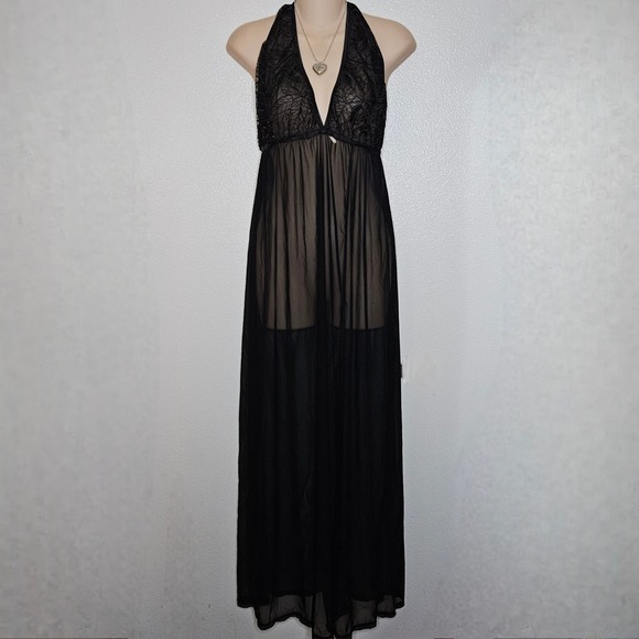 Black Lace Halter Maxi Lingerie Sheer Nightgown - Picture 1 of 7